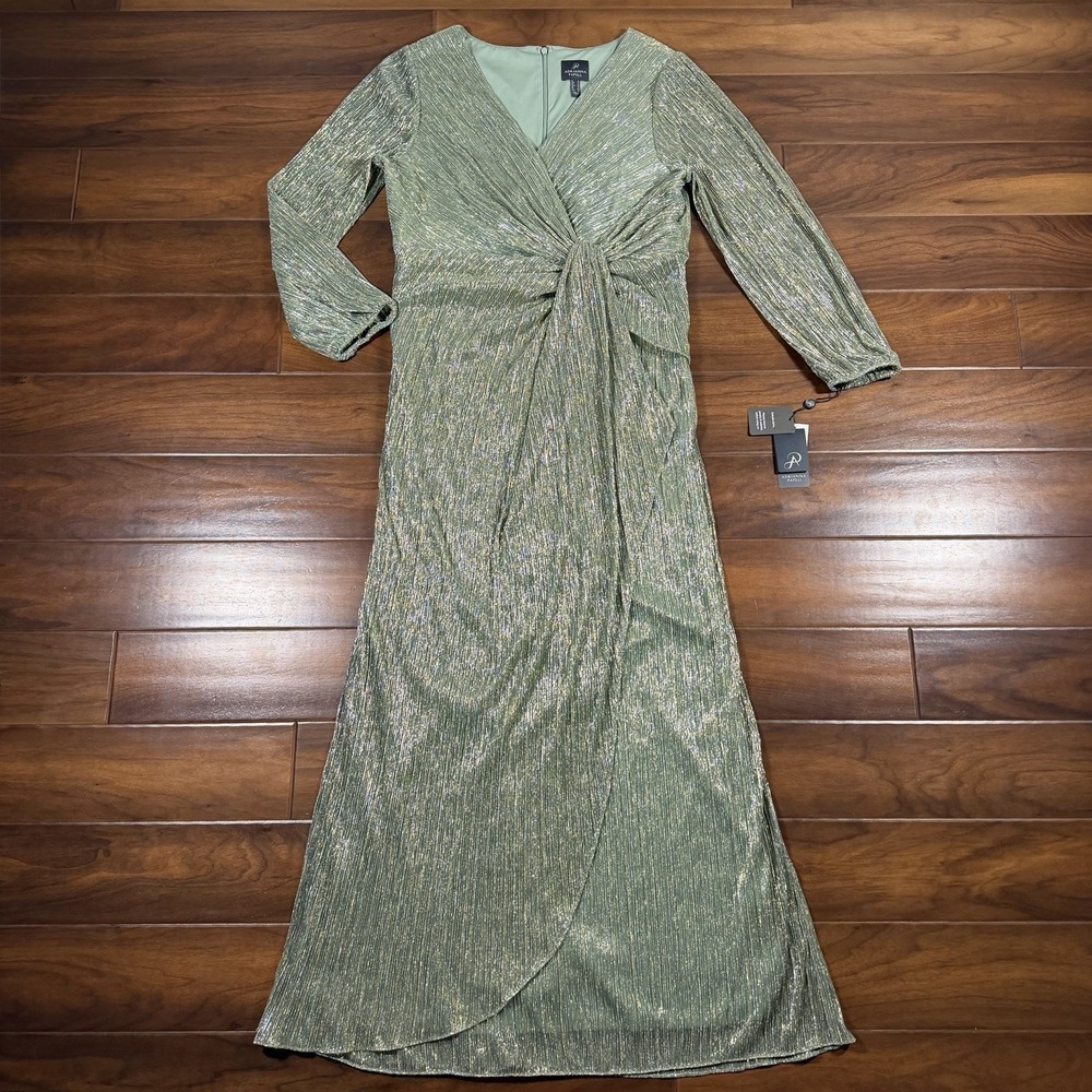 Adrianna Papell Women's Size 18 Green Slate Metallic Mesh Draped Gown Dress